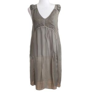 COTÉLAC MUTED OLIVE GREEN PLEATED SLEEVELESS SHEER SHIFT FLOWY DRESS - 2